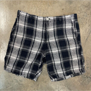 Chaps Plaid Shorts Men 33 Black White Linen Blend 8” Inseam Breathable Summer